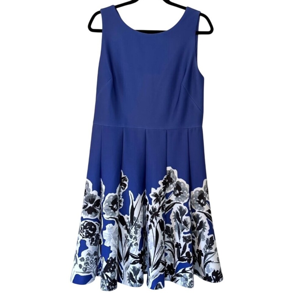 Donna Karan Floral Print Sleeveless Fit & Flare Dress Size 12 Blue Black Pleated